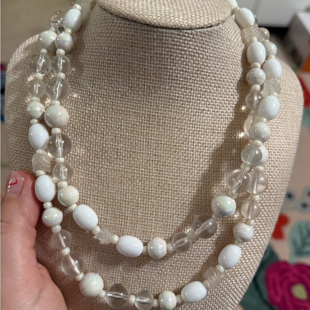 Vintage Double Strand White and Clear Beaded Statement Necklace Multi Strand‎
